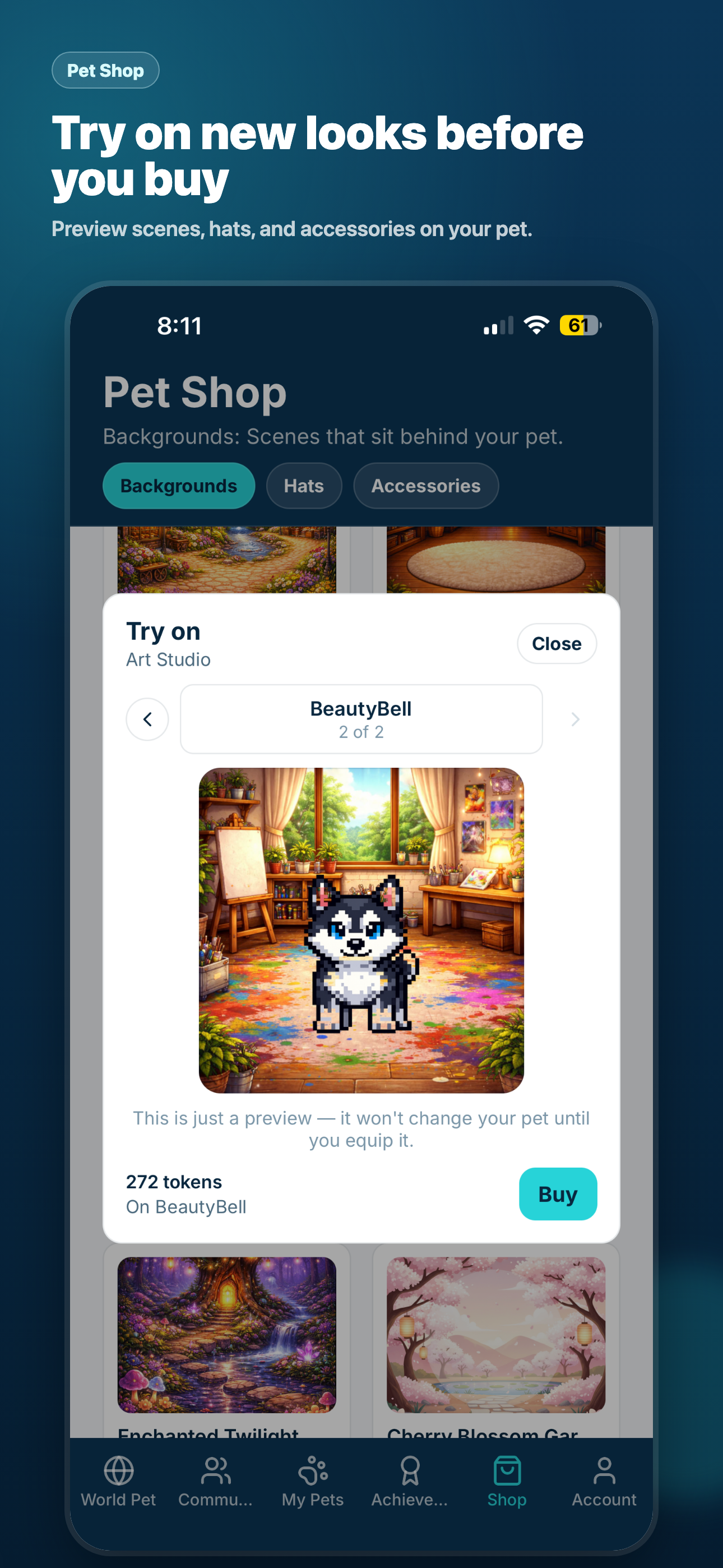 Globeepet shop try-on screen with pet customization options